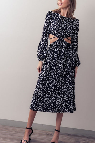 Waist Cut Out Floral Print Maxi Dress
