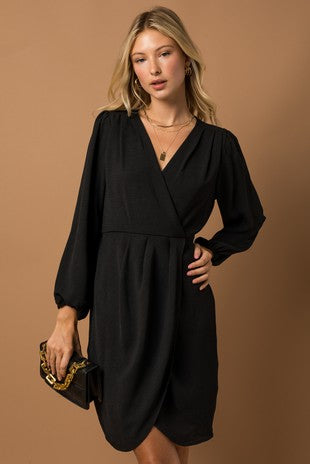 L/S Surplice Wrap Pleated Dress