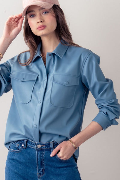Faux Leather Button Down Shirt