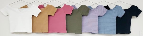 Waffle Knit V Center Cut Off Shoulder Crop Tee