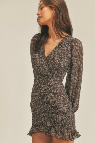 Floral Print Wrap Effect Ruched Bottom Dress
