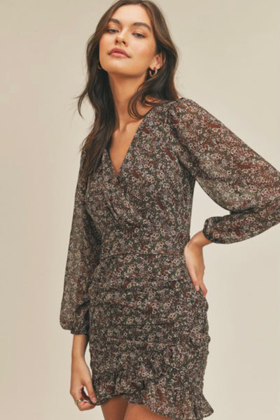 Floral Print Wrap Effect Ruched Bottom Dress
