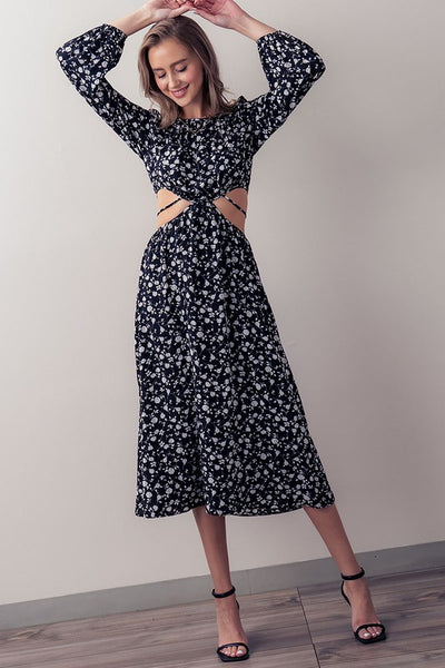 Waist Cut Out Floral Print Maxi Dress