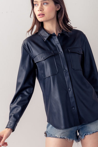 Faux Leather Button Down Shirt