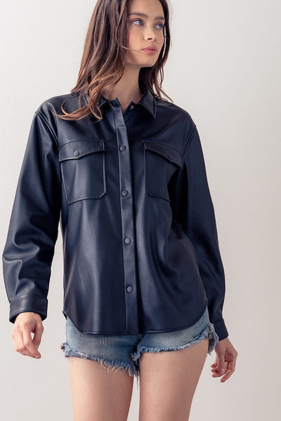 Faux Leather Button Down Shirt