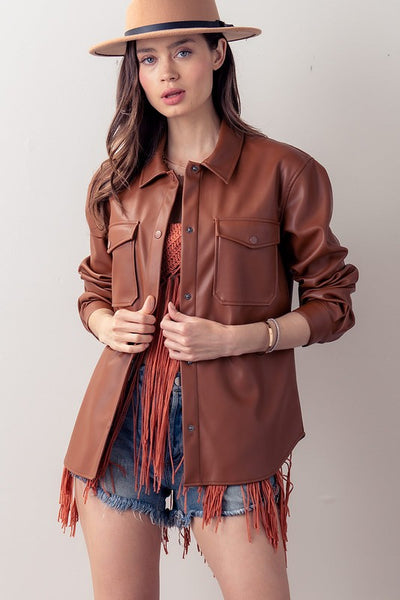 Faux Leather Button Down Shirt