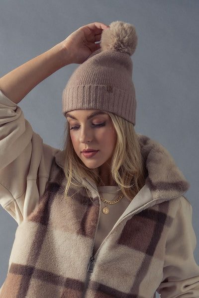 Rib Knit Cuff Faux Fur Knit Beanie