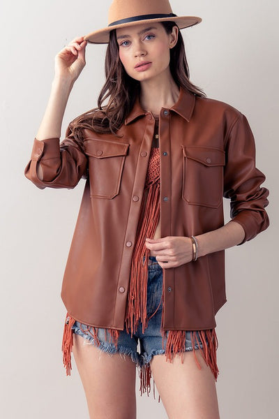 Faux Leather Button Down Shirt