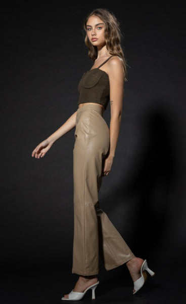 Leather Grid Front Slit Pants